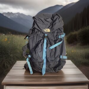 The North Face Vintage Large Hiking Backpack Black with Teal Accent Straps